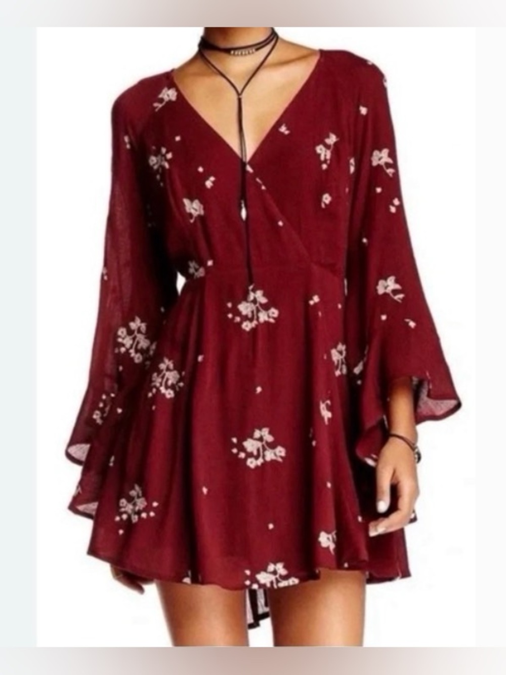 Free People Jasmine Embroidered Mini Dress Burgundy Marsala Boho Bell Sleeve 8